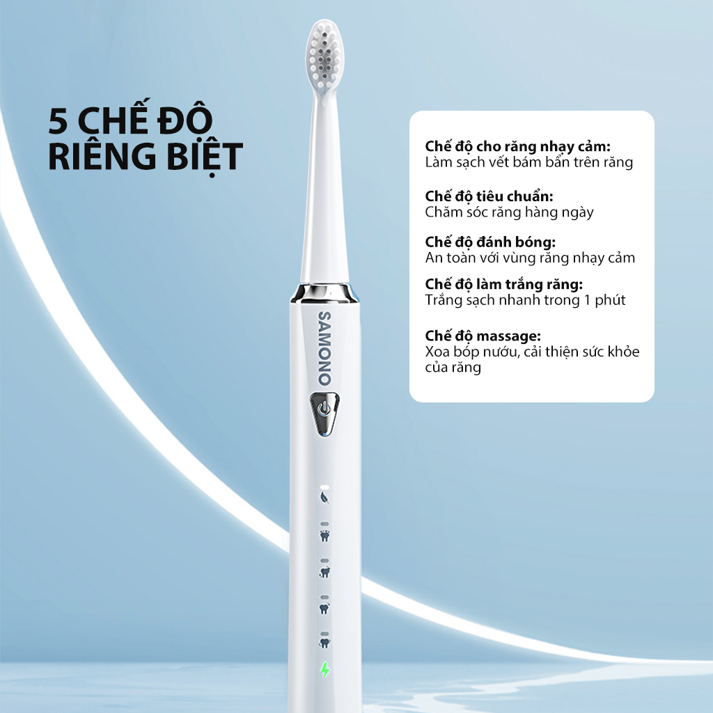Bàn chải điện Samono Tần số rung 30000 lần/ phút 5 chế độ đánh răng chống nước IPX7 dung lượng pin lớn SW-ET01 HÀNG CHÍNH HÃNG