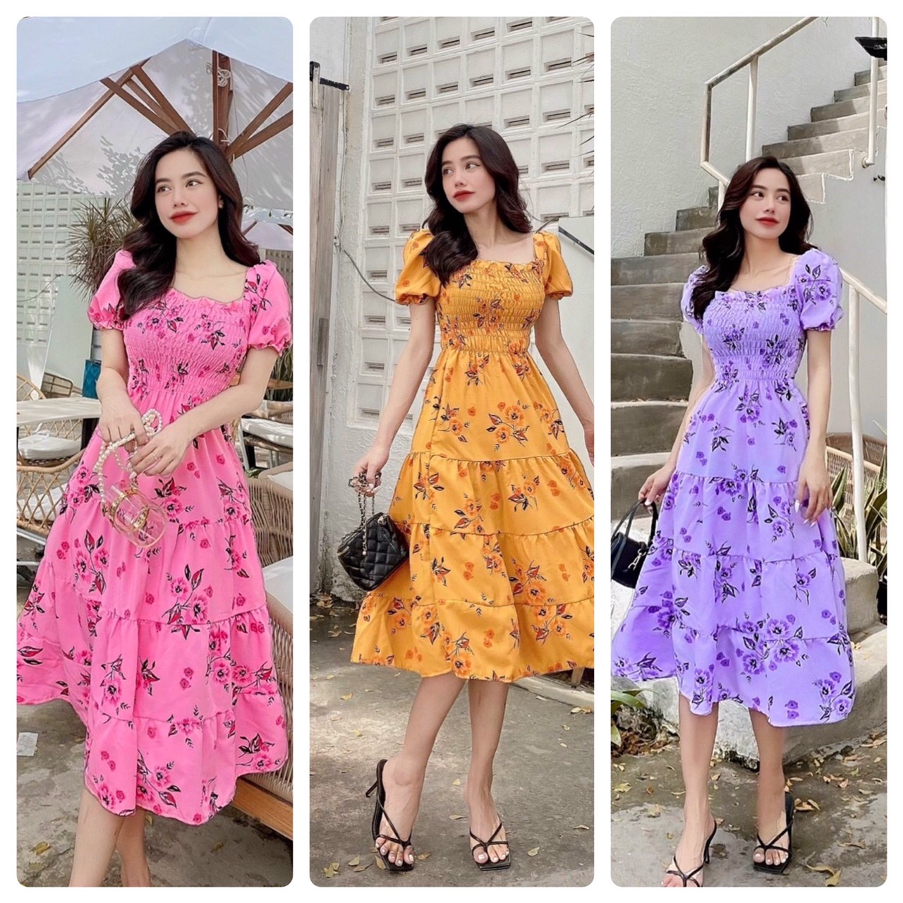 Váy Tay Phồng hoa , Đầm Hoa Dạo Phố Nhúng Tầng Đủ Size Từ 38-70kg
