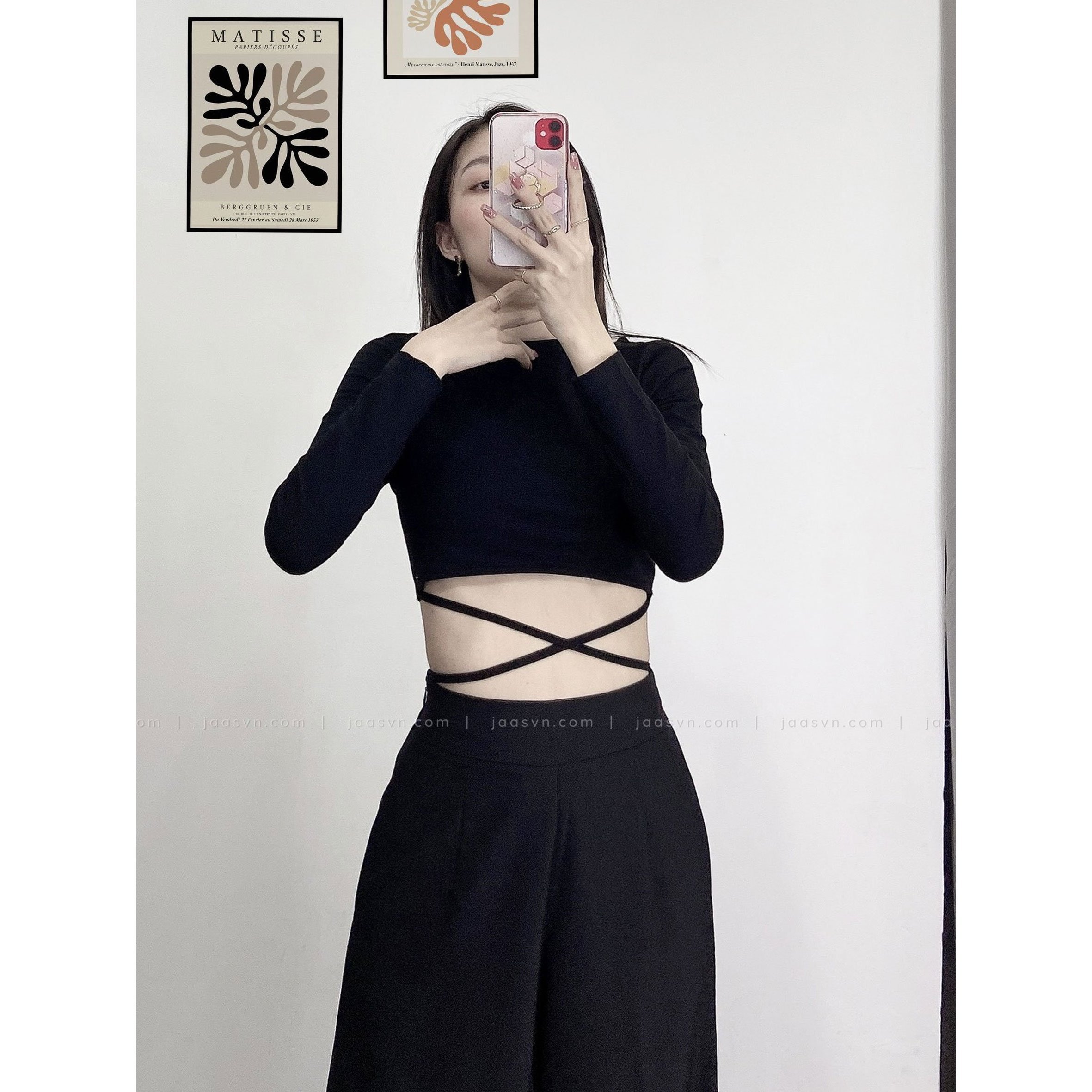 Áo croptop tay dài thắt dây eo cá tính