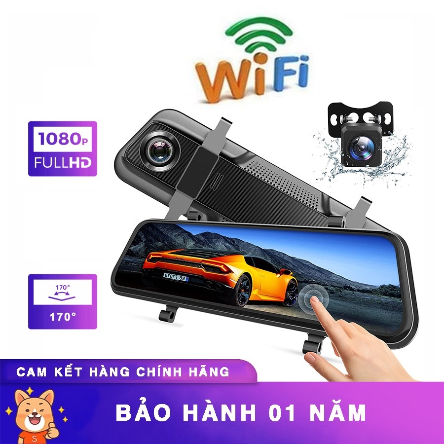 Camera WiFi hành trình ô tô Gương chiếu hậu 9.66 inch Full gương -Màn hình cảm ứng -Kết nối điện thoại video 2K sắc nét - Camera kép trước và sau