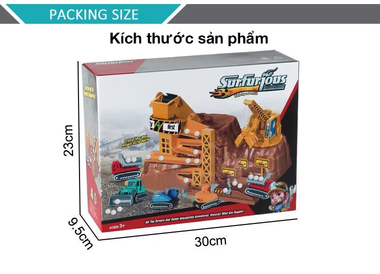 Bộ đồ chơi mô hình công trình khai thác đá KAVY kèm 4 ô tô, máy xúc có bóng nhỏ lăn theo đường ray
