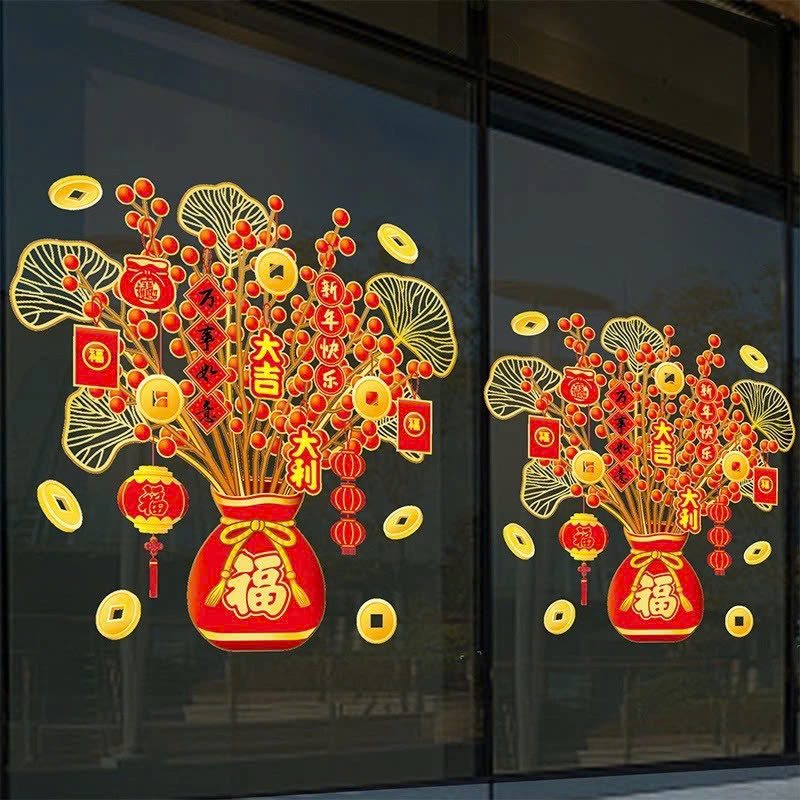 COMBO 2 Decal Trang Trí Tết 2026 Hít Tĩnh Điện | Chậu Đào Đông Đỏ Trang Trí Cửa Kính PVC- HÀNG CHÍNH HÃNG MINIIN