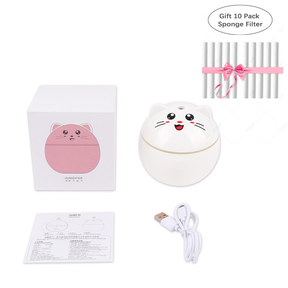 200Ml Mèo USB Di Động Máy Tạo Độ Ẩm Không Khí Siêu Âm Tinh Máy Khuếch Tán Tinh Dầu Đèn Ngủ LED Tặng 10Pc Lọc cho Nhà Xe Ô Tô