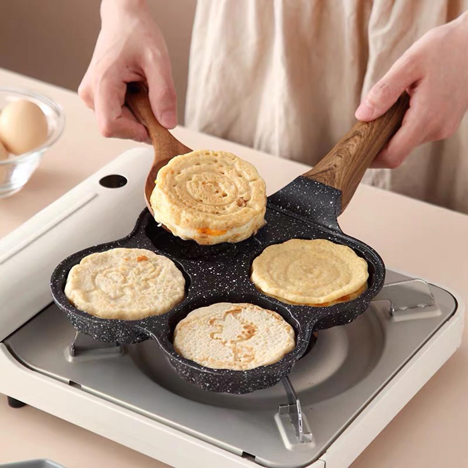 Chảo Chiên Rán Trứng Làm Bánh 4 Ngăn 4 Lỗ Chống Dính, phủ đá Maifan Tay Cầm Gỗ