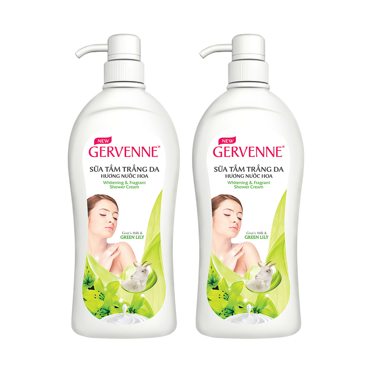 Combo 2 Sữa tắm trắng da hương nước hoa Gervenne Kiwi và Bạch Trà 1.2L/chai