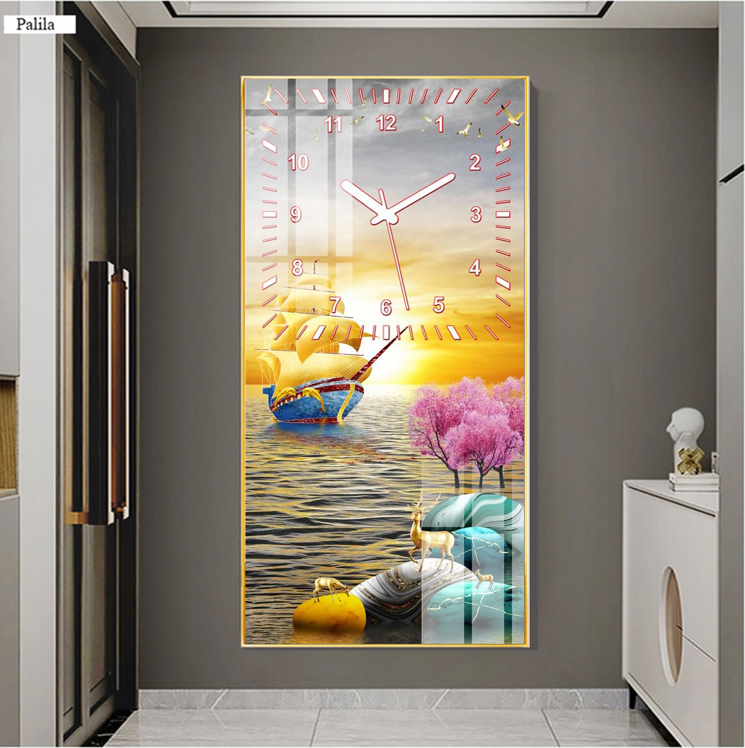 Đồng Hồ Tráng Gương Phong Cảnh Biển Đẹp - Tranh Tráng Gương Treo Tường Thuyền Buồm Trên Biển Cao Cấp