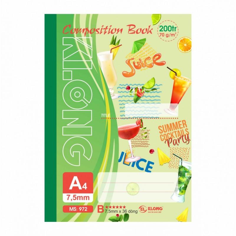 Sổ kẻ ngang may dán gáy Composition book KLONG A4 200 trang 70/92; MS: 972