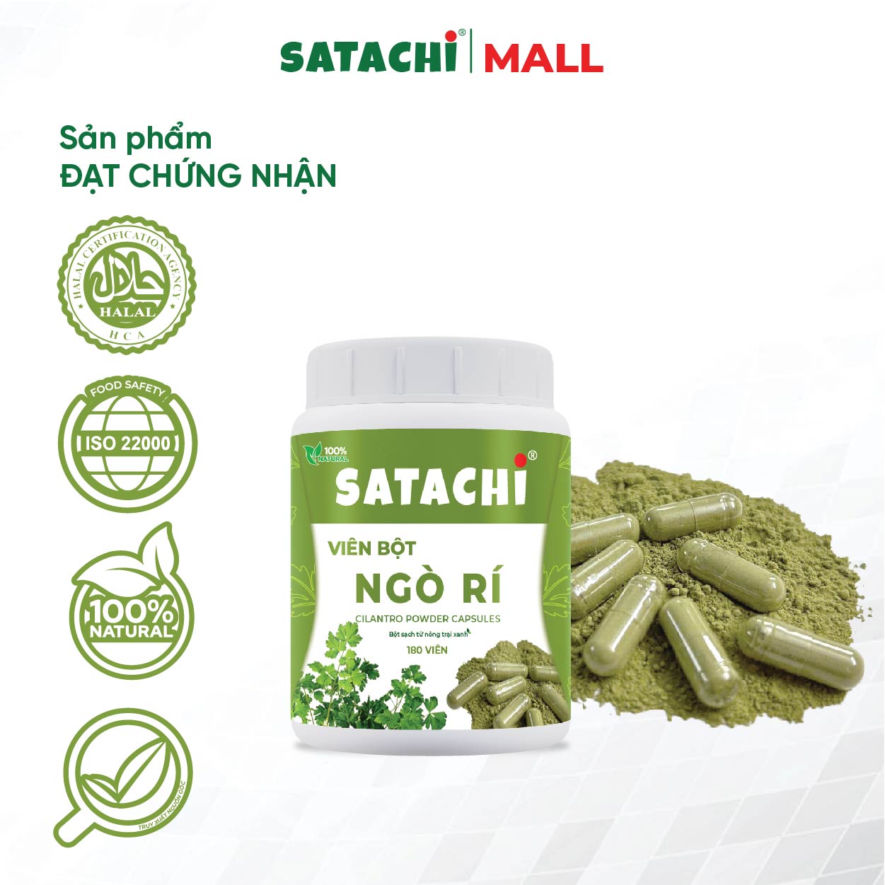Viên Bột Ngò Rí Nguyên Chất SATACHI – 100% Từ Ngò Rí – Dạng Viên Tiện Lợi – Hộp 180 viên