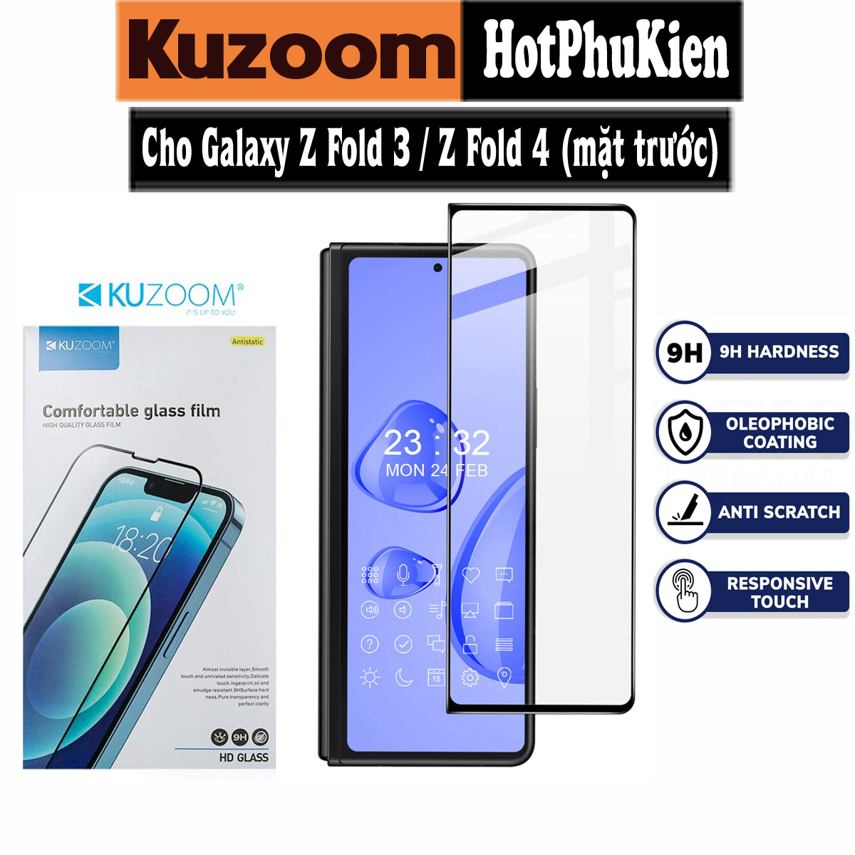 Miếng dán kính cường lực màn hình trước cho Samsung Galaxy Z Fold 3 / Z Fold 4 full 9D hiệu HOTCASE Kuzoom Protective Glass - mỏng 0.3mm, vát cạnh 2.5D, độ cứng 9H, viền cứng mỏng chống vỡ cạnh - Hàng nhập khẩu