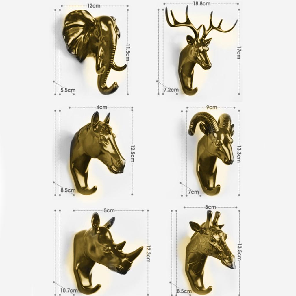 6Pcs Resin Animal Head Hook Key Hanger Rack Wall Mount Home Decor Gold
