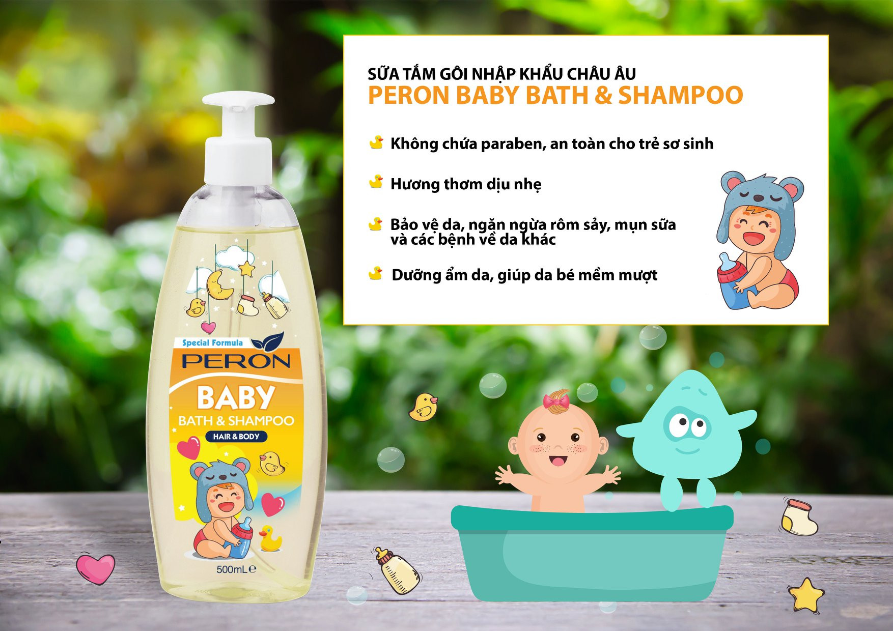 Sữa Tắm Gội Ngừa Rôm Sảy, Mụn Sữa - Peron Baby - Sữa Tắm Không Chứa Paraben, An Toàn Cho Trẻ Sơ Sinh