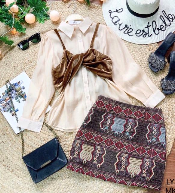 Set áo sơ mi trơn tay dài và áo yếm nhung 2 dây croptop