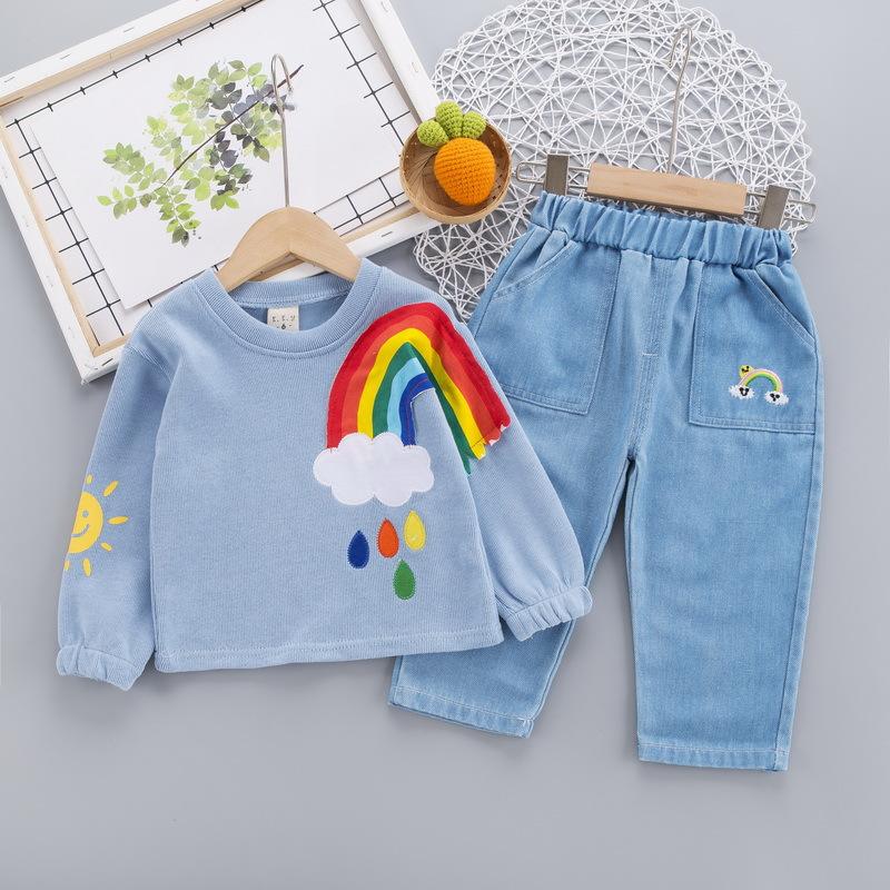 0-4 Năm Tuổi Bộ Quần Áo Bé Trai Mùa Xuân Và Mùa Thu Phù Hợp Với Bé Trai Rainbow Áo Len Cổ Tròn + Quần Jean Thường Ngày quần Áo Cho Bé 2 Phù Hợp Với