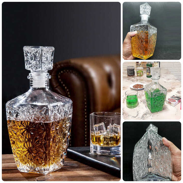 Combo 2 chai Thủy Tinh đựng Rượu Pha Lê VÁT VUÔNG Họa Tiết Nổi 750ML - Bình thủy tinh 750ml pha lê trong suốt