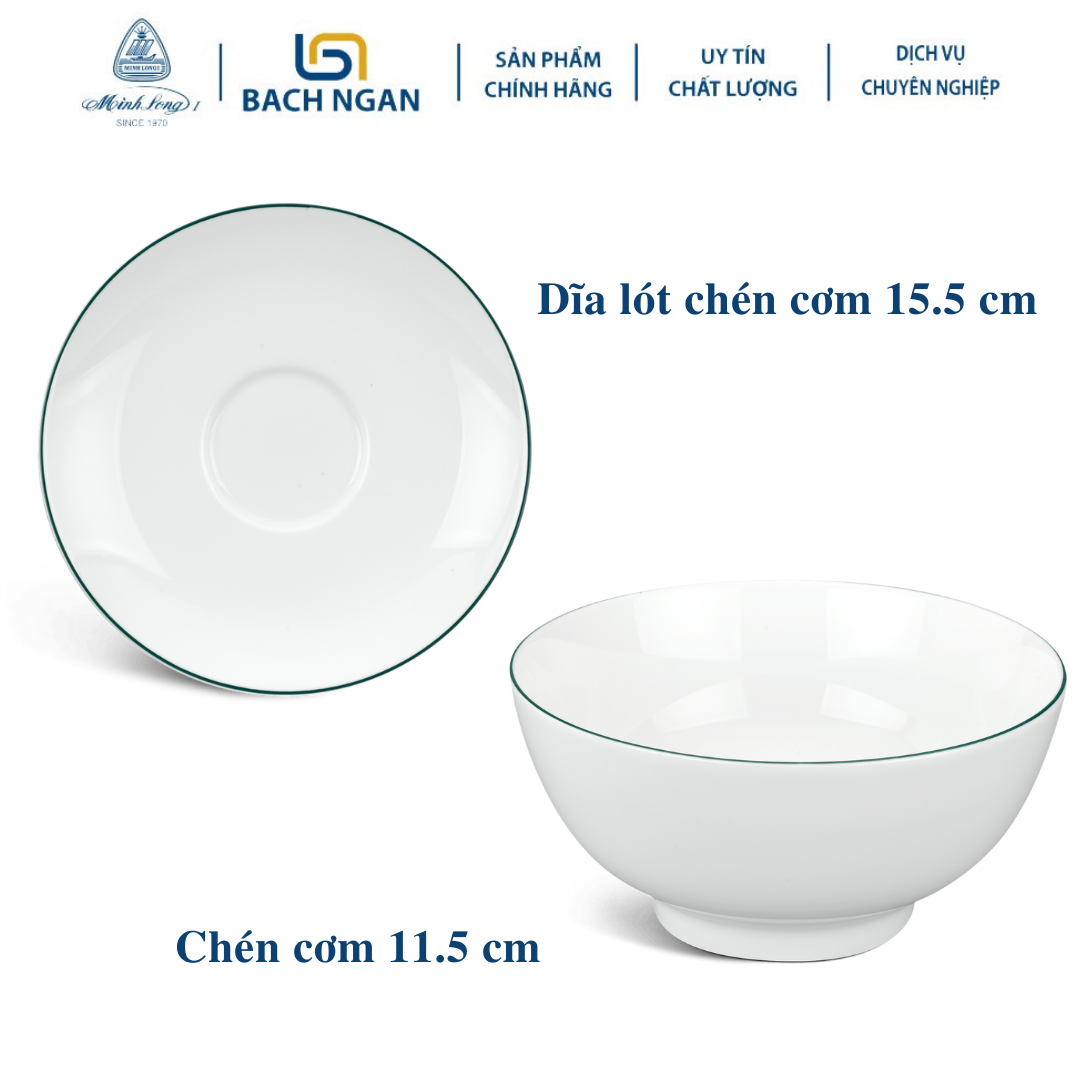 Bộ 10 chén sứ Minh Long 11.5cm Jasmine viền chỉ xanh lá hàng đẹp, cao cấp dùng để ăn cơm trong gia đình, đãi khách, tặng quà tết