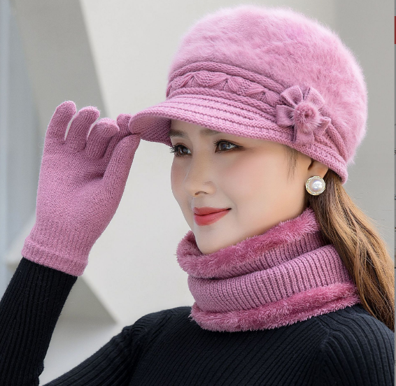 Bộ khăn mũ len kèm găng tay phong cách Hàn mới nhất, sét nón len đầy đủ lông thỏ cao cấp