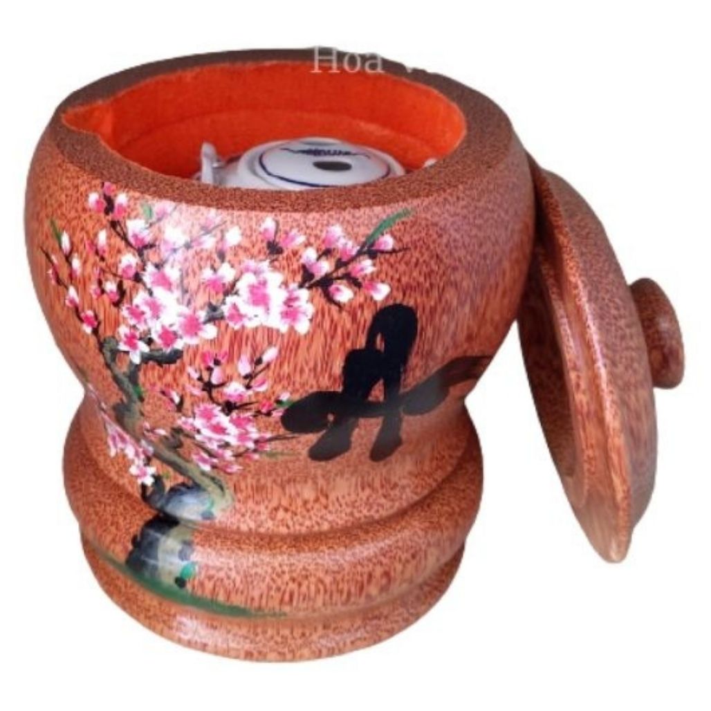 Bình Trà Gỗ Dừa Hoa Văn Lồng Chữ An Và Bình Trà 700 - 950ml - Sản Phẩm Được Sản Xuất Tại Bến Tre