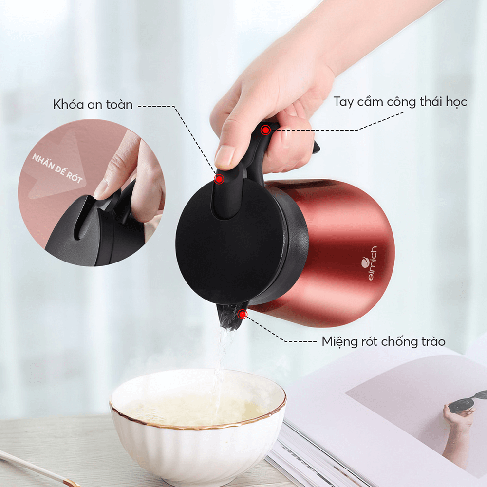 Bình giữ nhiệt gia đình Elmich EL8298 900ml, Hàng chính hãng, inox 304, có lõi lọc pha trà, pha cà phê - JoyMall