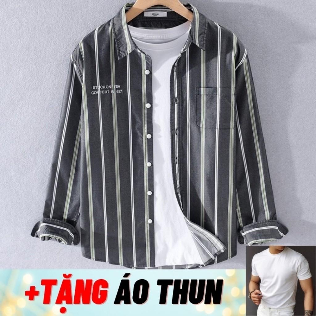 Combo áo sơ mi nam dài tay sọc 621 tặng kèm áo thun