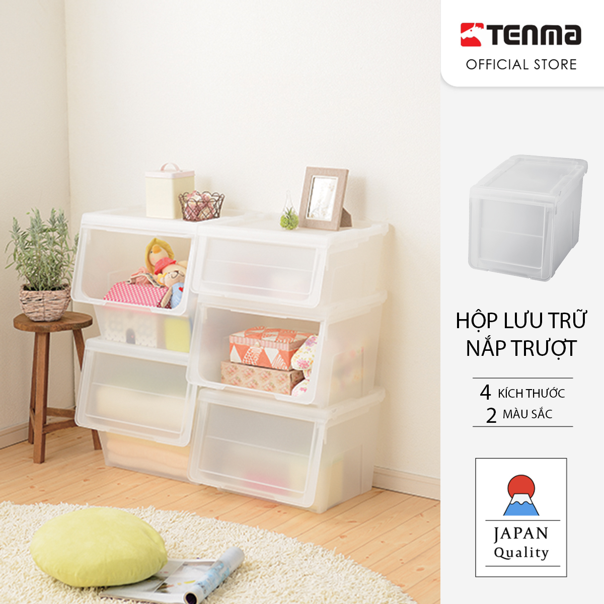 TENMA Hộp Nhựa Đựng Đồ Dung Tích Lớn Nắp Trượt Kabako, JAPAN QUALITY, Xếp Chồng 4 Tầng