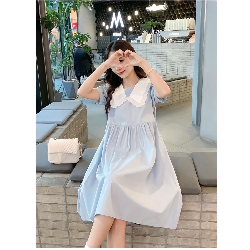 Đầm Nữ Tiểu Thư Xanh Mint Cổ Cổ Sen Phối Màu Cộc Tay Dáng Lỡ