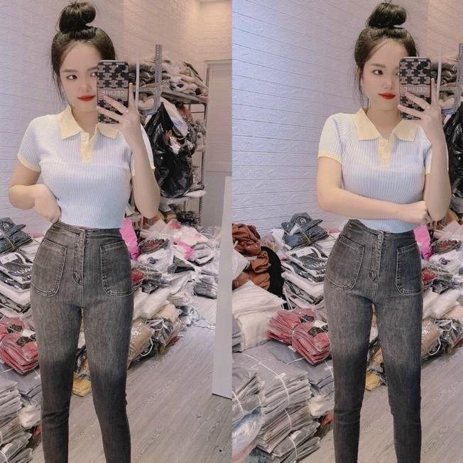 Áo len nữ Montoghi dệt kim Quảng Châu phối VIỀN VÀNG màu trơn cổ bẻ xinh xắn