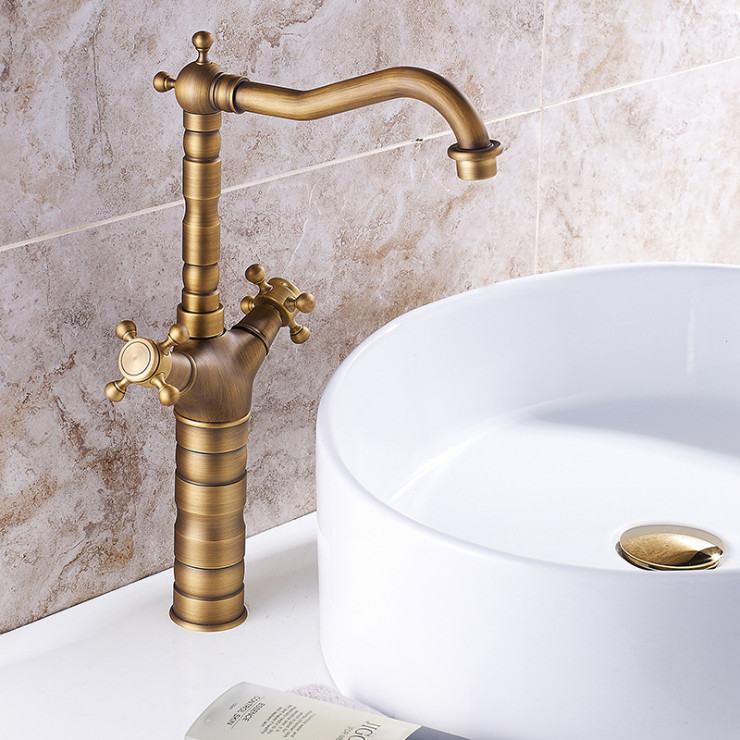 Vòi Lavabo nóng lạnh Tân Cổ Điển Chân cao - Hợp kim đồng thau + 2 dây cấp