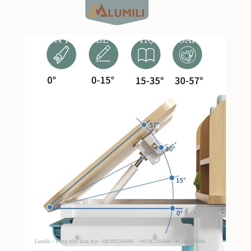 Bàn học chống gù cho bé Lumili R18 nâng hạ độ cao chỉnh nghiêng pittong, bộ bàn học sinh thông minh chống cận thị