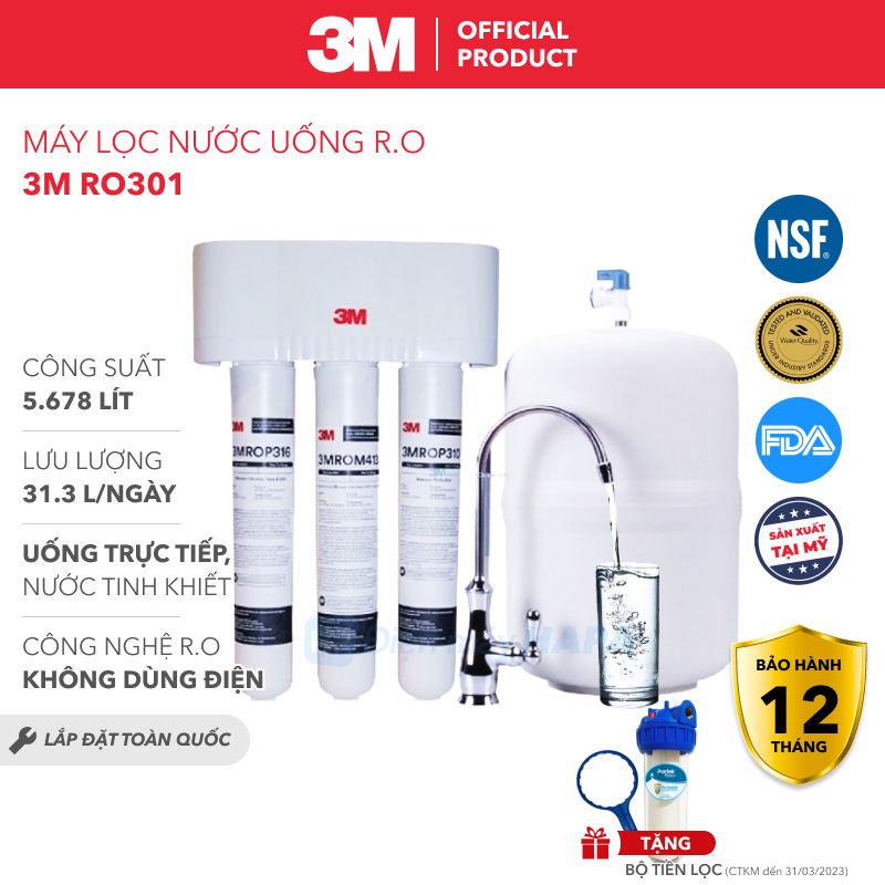 [LẮP ĐẶT TOÀN QUỐC] Máy Lọc Nước 3M RO301 Uống Trực Tiếp, Công Suất 5.678 Lít, Nước Tinh Khiết Công Nghệ R.O Không Dùng Điện, 3 Lõi Cao Cấp, 3MRO301 ROP310 ROP316 ROM413 - Nhập Khẩu Mỹ, Hàng Chính Hãng 3M