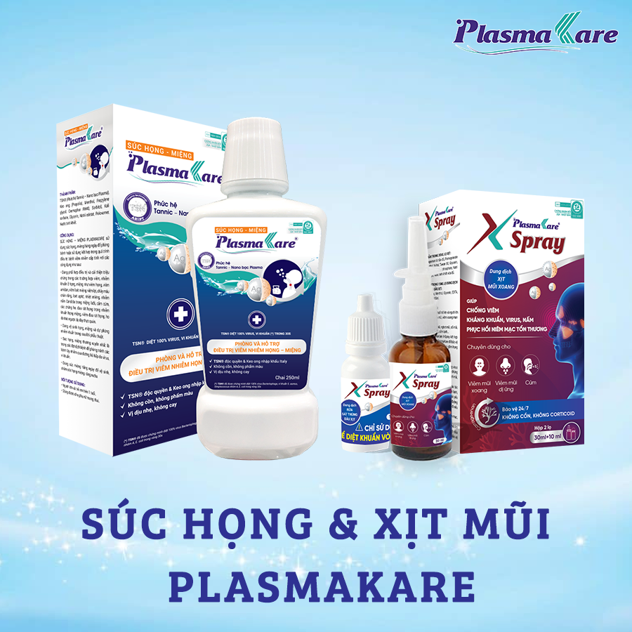 Combo 01 súc miệng họng nano bạc PlasmaKare và 01 xịt mũi xoang nano bạc PlasmaKare X-spray toàn diện cho cúm, VlÊM XOANG, VlÊM mũi dị ứng