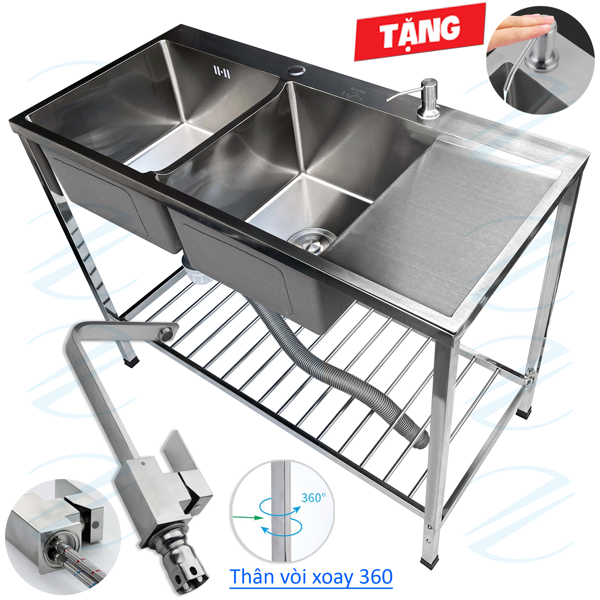 COMBO Chậu Rửa Bát Inox Có Chân 100x48x81cm Kiểu 2 Hộc 1 Cánh Tiện Nghi Rộng Rãi - Đủ bộ gồm chậu, xi phông, chân và vòi rửa, tặng vòi hút xà bông