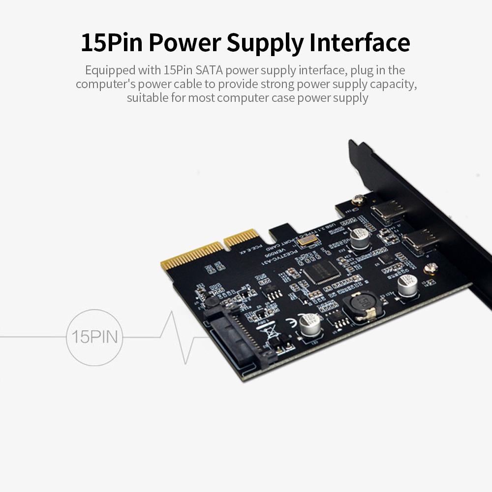 USB3.1 Expansion Card PCI-E 4X to Dual Type-C Adapter Card Converter Card 10Gbps Bandwidth Support Hot Plugging