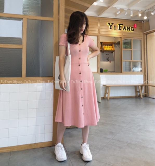 Váy cộc tay cotton tăm cúc dọc