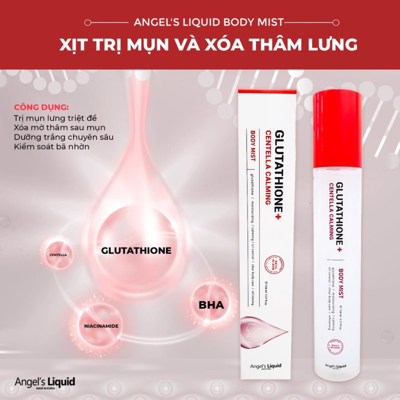 Xịt Giảm Mụn Lưng Giảm Thâm Sau Mụn Angel's Liquid Glutathione+ Centella Calming Body Mist