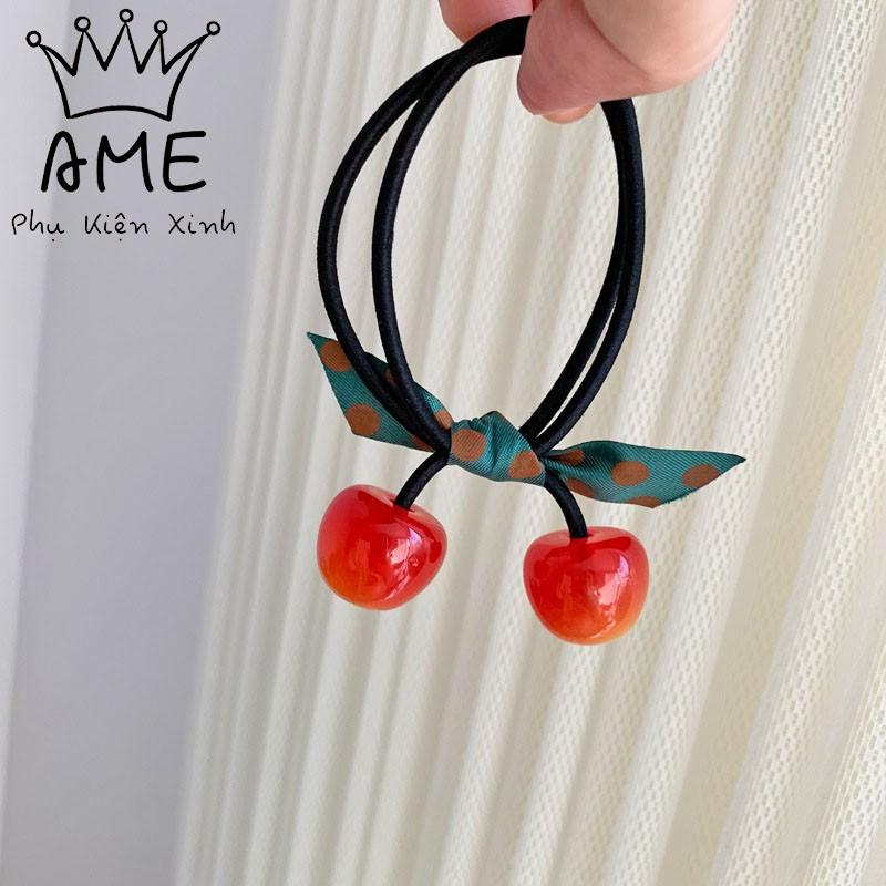 Chun Buộc Tóc Hình Quả Cherry đính nơ, dây cột tóc đơn điệu dễ thương hot trend