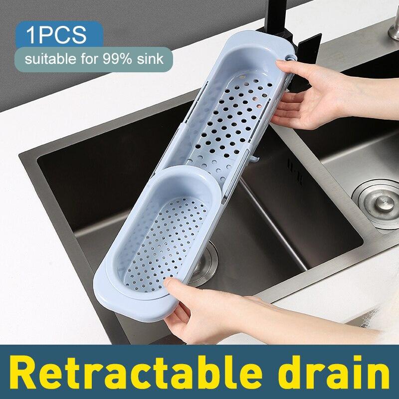 Telescopic Sink Shelf Kitchen Sinks Organizer Soap Sponge Holder Sink Drain Rack Storage Basket Towel Hook Kitchen Gadgets