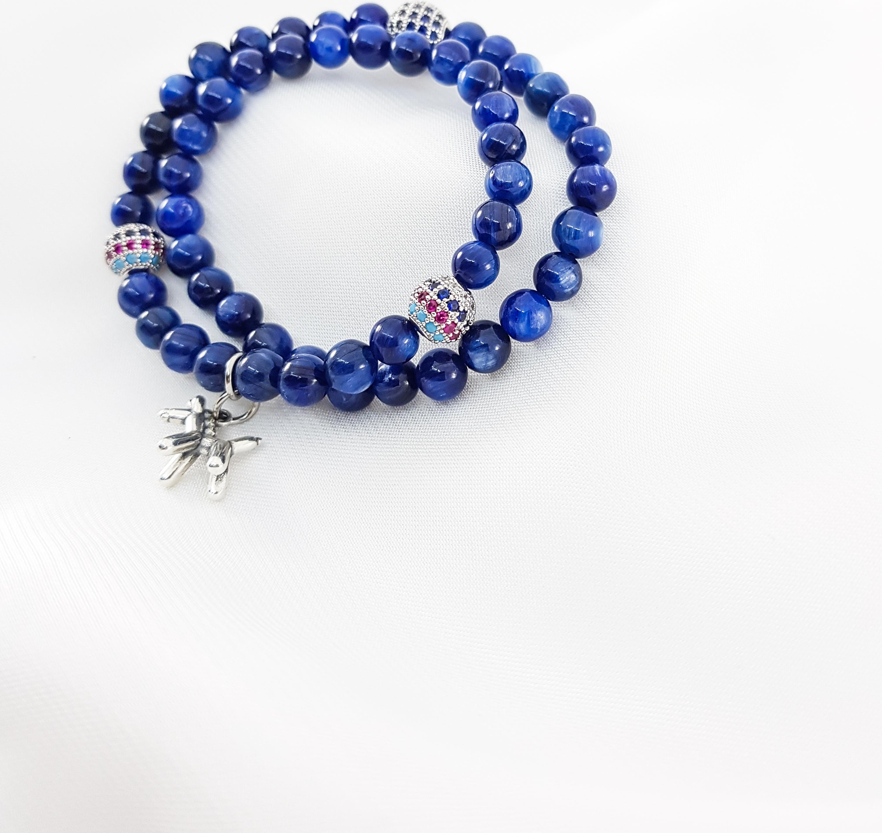 Vòng Tay Cuốn Mệnh Thủy, Mộc Đá Kyanite Mix Charm Chú Chó Con