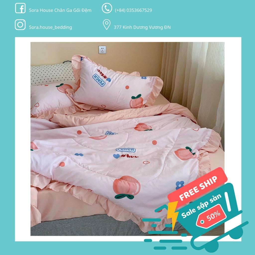 Bộ Chăn Ga Gối Cotton Đũi Bèo Chăn Chần Đào hồng