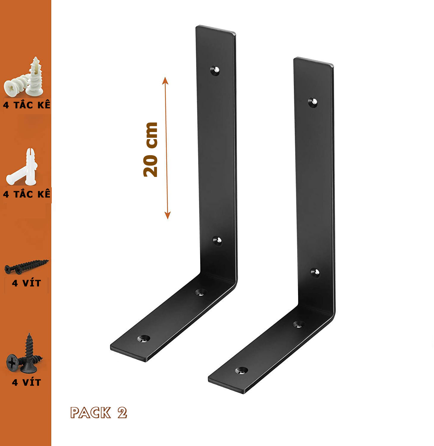 Combo 2 giá đỡ chữ L 20cm ke bàn treo tường bằng thép phủ sơn tĩnh điện, kèm phụ kiện vít tắc kê – Hàng chính hãng