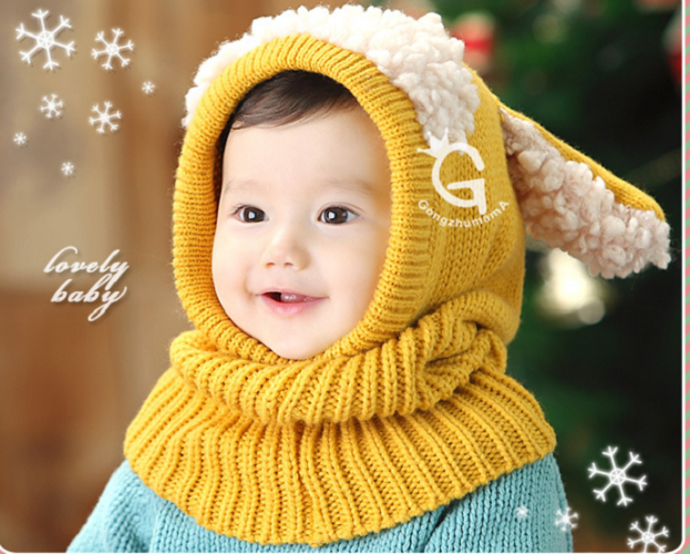 Mũ len trùm đầu tai thỏ cực xinh cho bé trai và bé gái, nón len liền khăn cho bé lót nỉ cao cấp