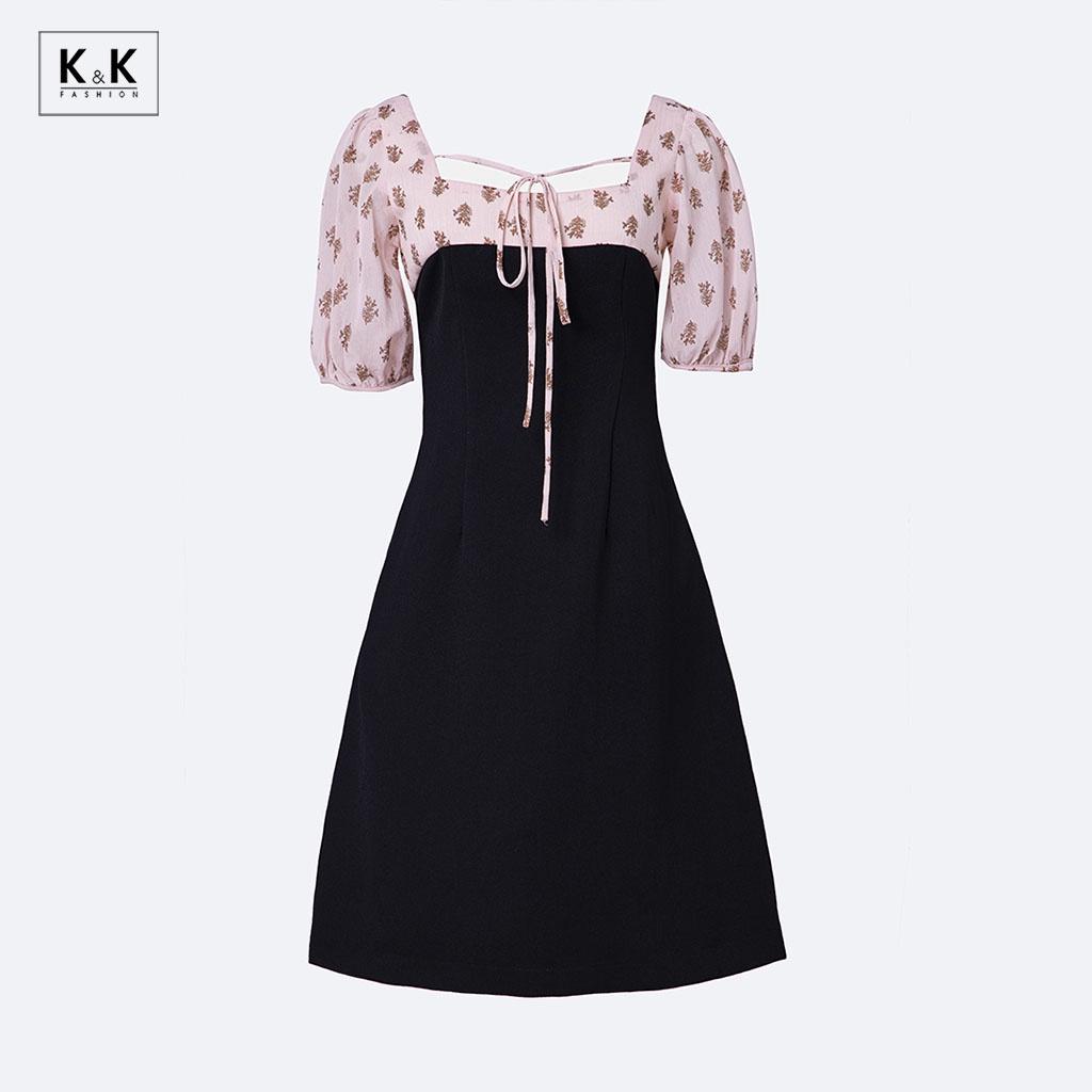 Đầm Chữ A Màu Đen Phối Màu K&K Fashion KK117-14 Chất Liệu Tuyết Mưa Phối Voan Gân