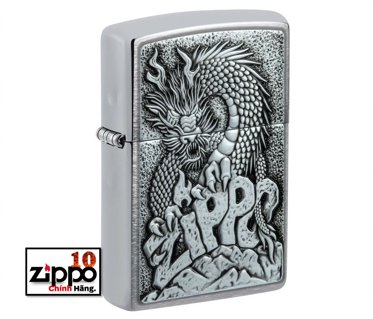 Bật lửa Zippo 48902 Zippo Dragon Emblem Design Brushed Chrome - Chính hãng 100%