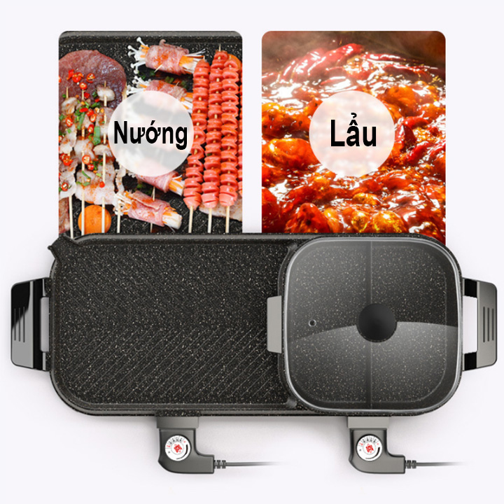 Nồi Lẩu Nướng Đa Năng 2 In 1 - Bếp Nướng Điện Cao Cấp Bề Mặt Phủ Men Chống Dính - Loại lớn nhất + Tặng kẹp gắp thức ăn - Hàng nhập khẩu