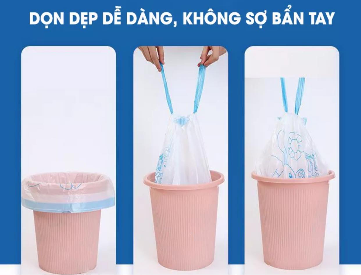 CUỘN 100 TÚI RÁC NHỰA DẺO CÓ DÂY RÚT, KHÔNG RÒ RỈ NƯỚC, KHÔNG SỢ BẨN TAY