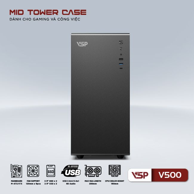 Vỏ máy tính Case VSP V500 [ĐEN] Gaming Kính cường lực (Micro ATX/ITX) - Hàng chính hãng VSP phân phối