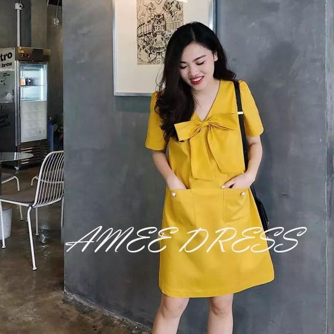 Váy bầu công sở dáng xuông nơ cổ xinh sắn