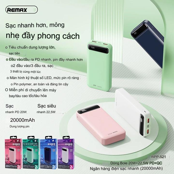 Pin dự phòng 20000mAh Remax RPP-521 sạc nhanh Bole Series QC 22.5W và PD 20W - tích hợp 2 input 3 output - Hàng chính hãng
