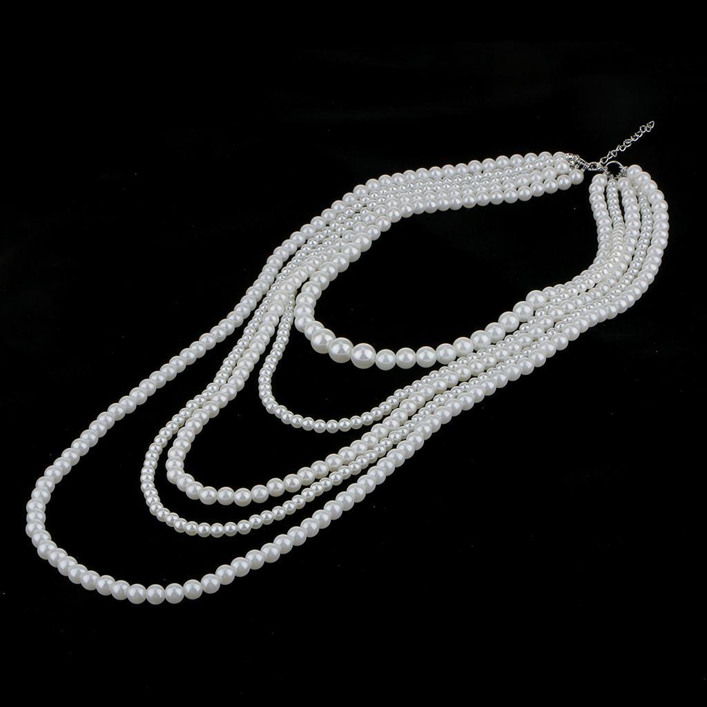Fashion Design Multilayer Strand Chain White Faux Pearl Statement Necklace