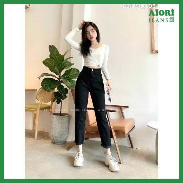 Quần Jeans Nữ, Quần Baggy Jeans Lưng Cao Baggy Bò Trơn Lai Tua Màu Đen Phong Cách Thời Trang_ Mã 5013