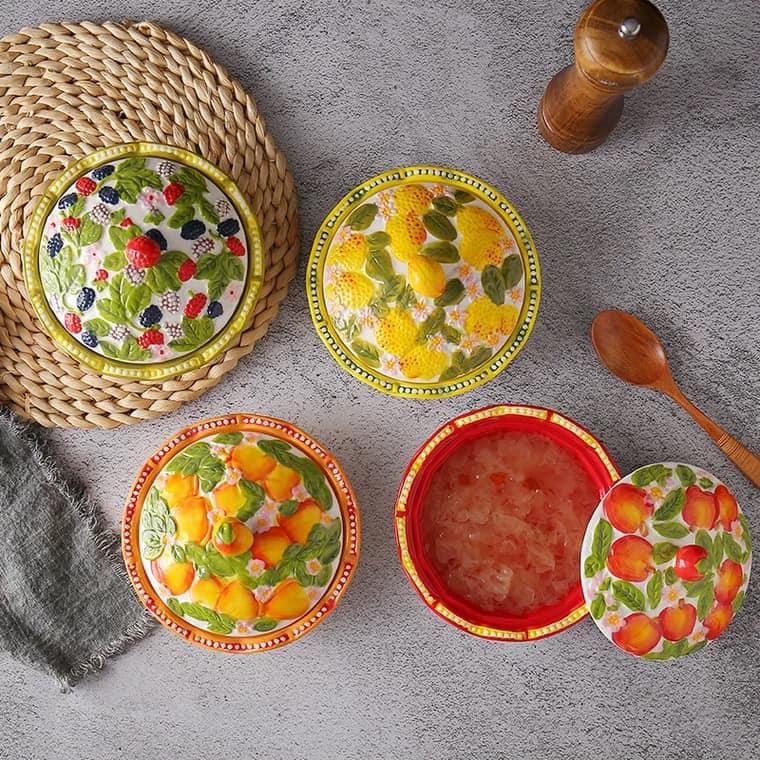 Tô có nắp sứ hoa quả đựng pudding, bánh kẹo, chè